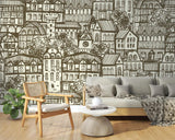 Victorian-inspired cityscape wall mural adding charm to reading nook