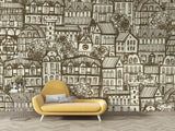 Brown and cream urban sketch pattern creating ambiance in hallway space