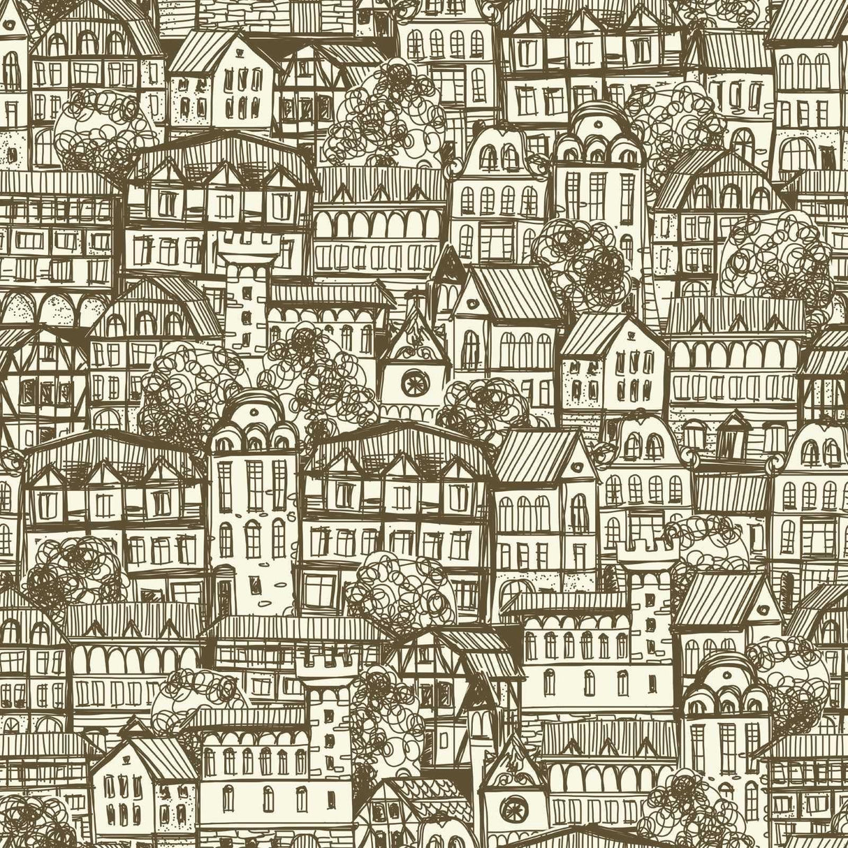 Hand-drawn urban sketch design file showing detailed Victorian buildings and architectural elements