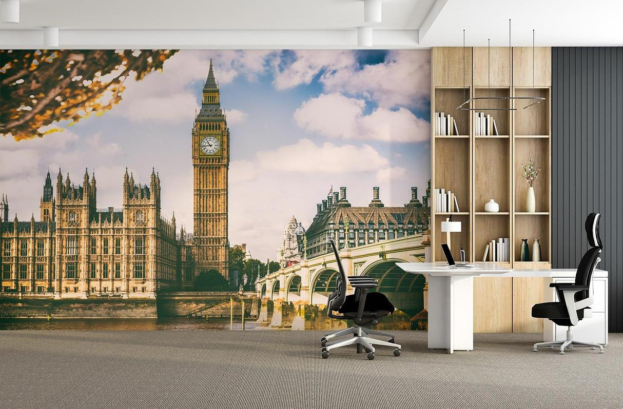 London Big Ben wallpaper mural styled in modern living room, showing architectural detail and sense of depth