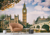 City landscape mural featuring Big Ben in sophisticated home office setting with natural lighting