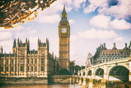 London cityscape wallpaper design file showing Westminster and Big Ben in golden hour lighting