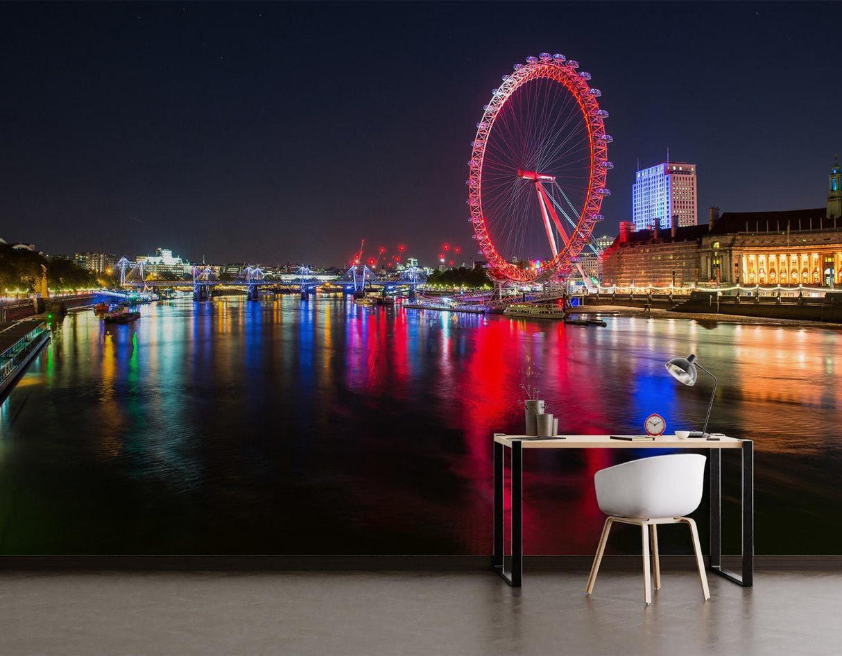 London Eye night lights wallpaper in modern minimalist living room with grey sofa and ambient lighting
