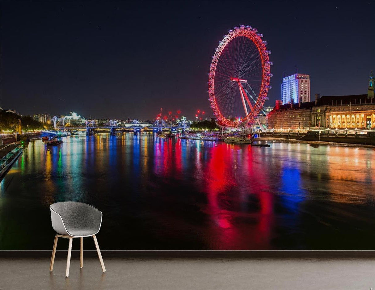 City lights mural wallpaper in contemporary home office with glass desk and metal accents