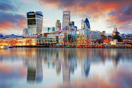 London skyline at sunset design file showing detailed architectural silhouettes and reflections