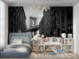 Manhattan Bridge black and white wallpaper in modern minimalist living room with grey sofa