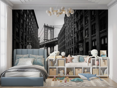 Manhattan Bridge black and white wallpaper in modern minimalist living room with grey sofa