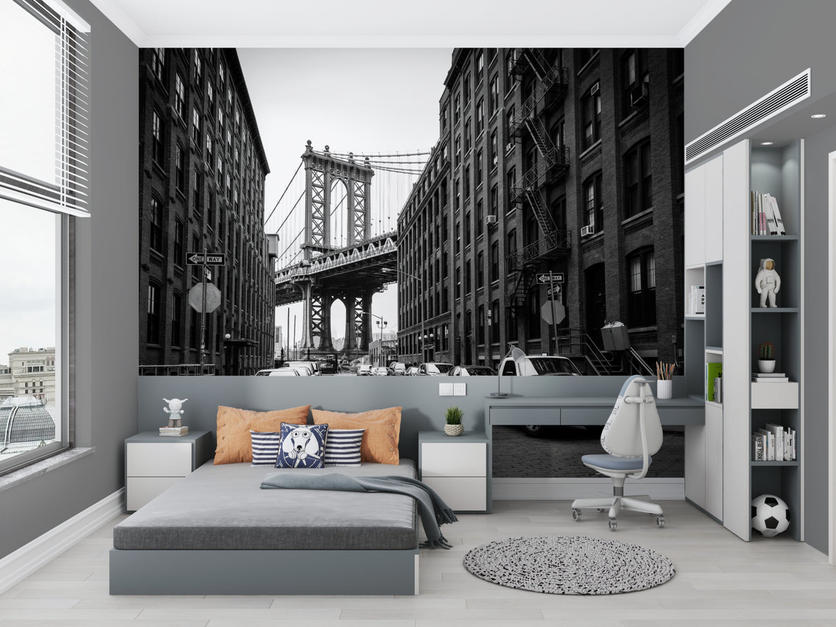 Black and white Manhattan Bridge mural in boutique hotel lobby