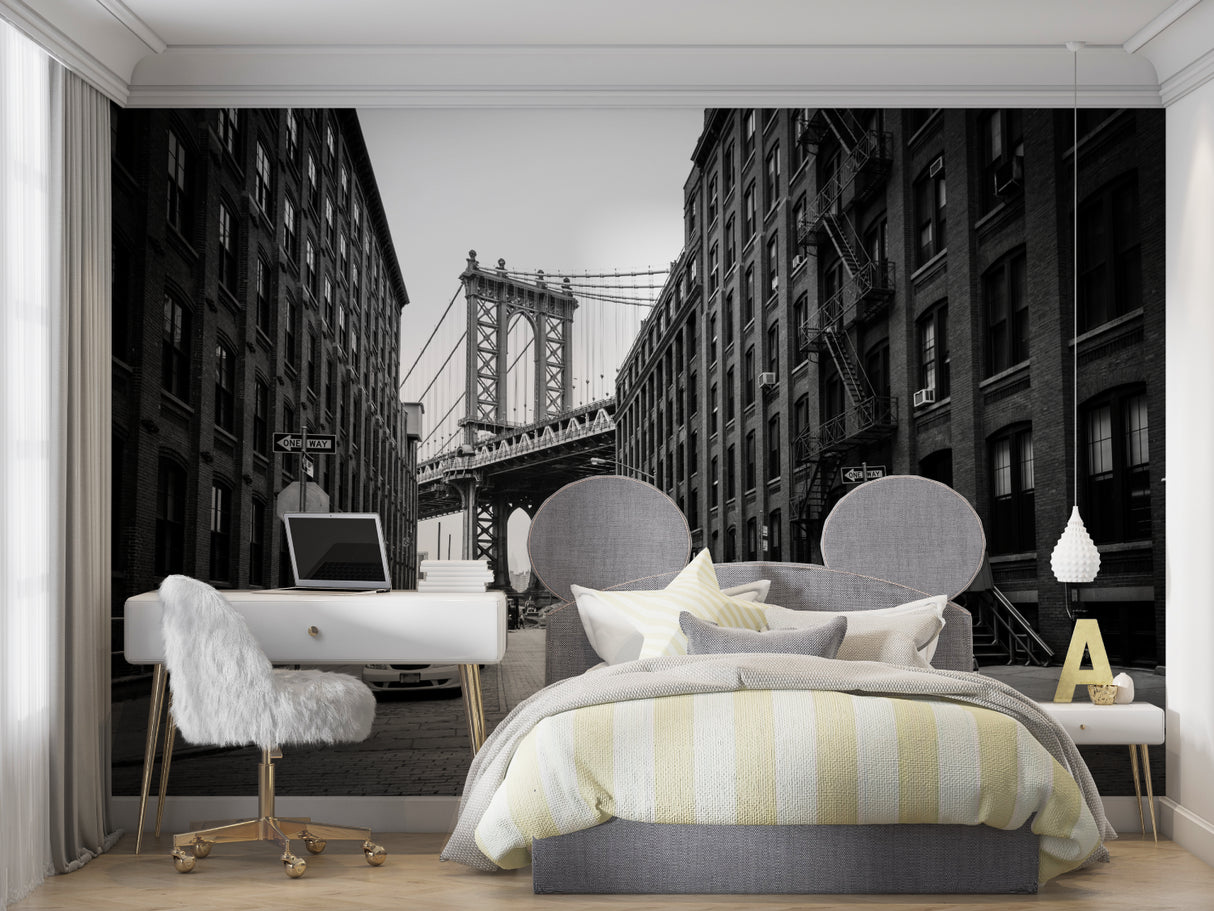 NYC bridge wallpaper creating depth in dining room with natural light