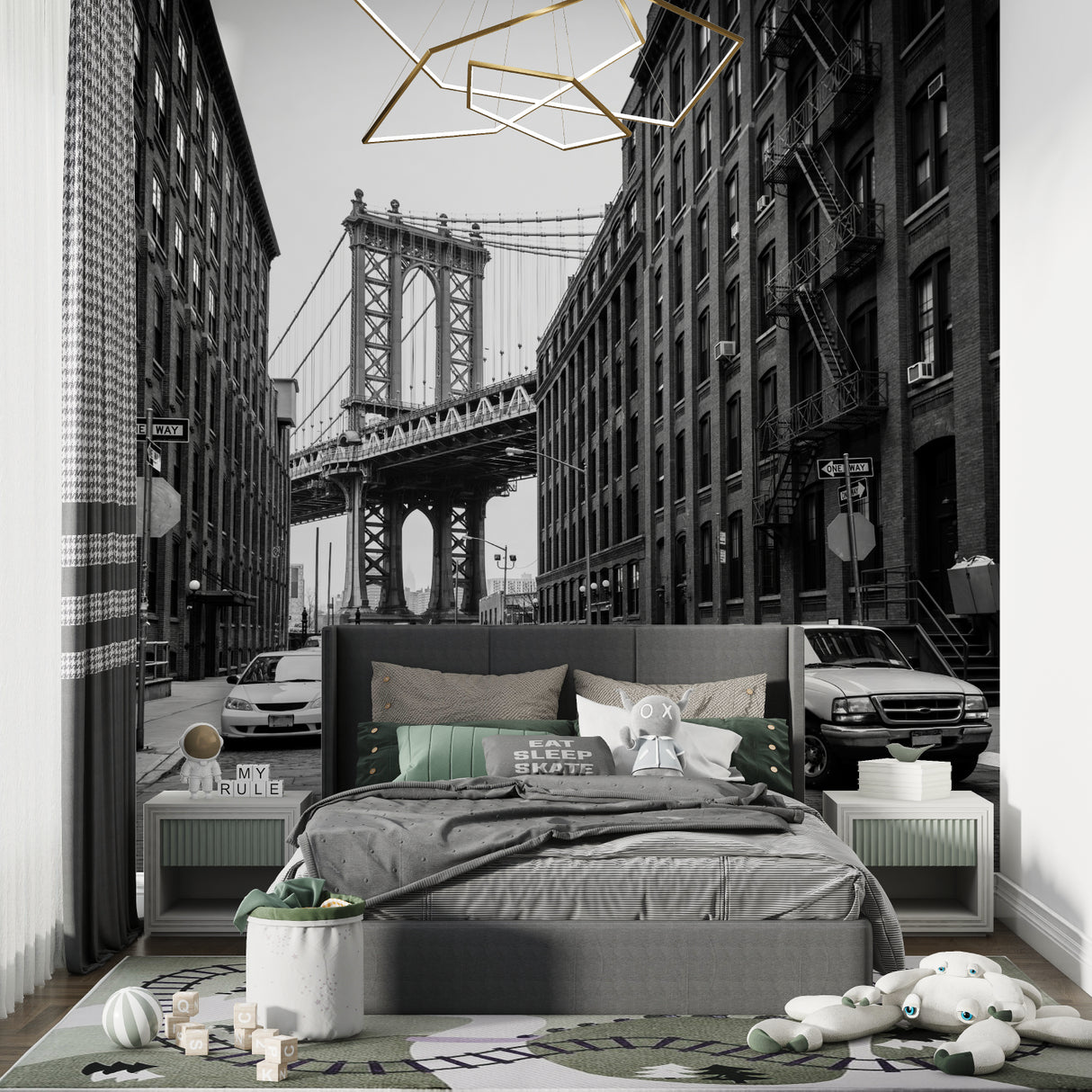 Urban landscape mural in stylish restaurant interior with exposed brick
