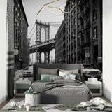 Urban landscape mural in stylish restaurant interior with exposed brick