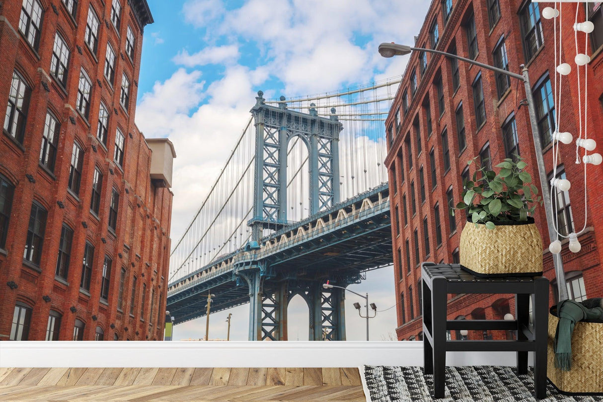 Urban bridge mural wallpaper creating depth in contemporary home office with wooden desk