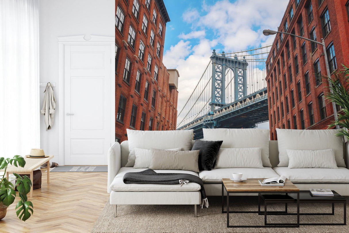 New York city wallpaper mural showcased in industrial-style dining room with brick walls