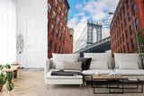 New York city wallpaper mural showcased in industrial-style dining room with brick walls