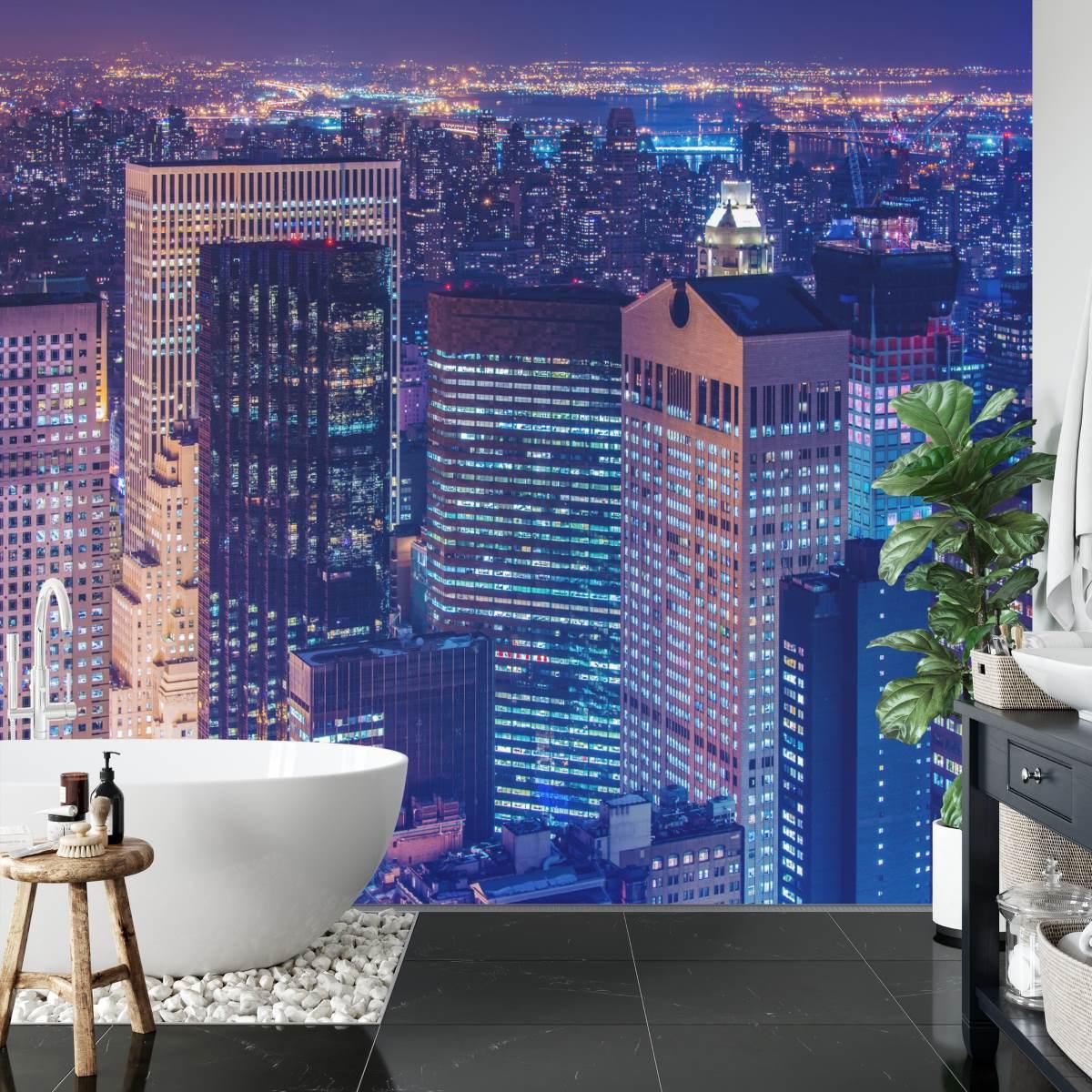 City wall mural featuring Manhattan at night in contemporary home office setting