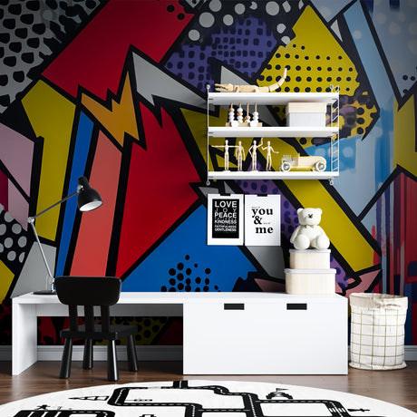 Modern geometric city wallpaper in stylish living room with orange and turquoise accents