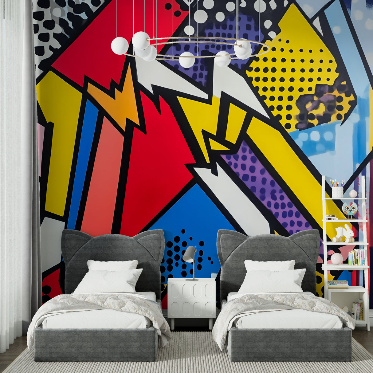 Contemporary home office featuring urban skyline wallpaper with geometric patterns