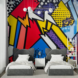 Contemporary home office featuring urban skyline wallpaper with geometric patterns