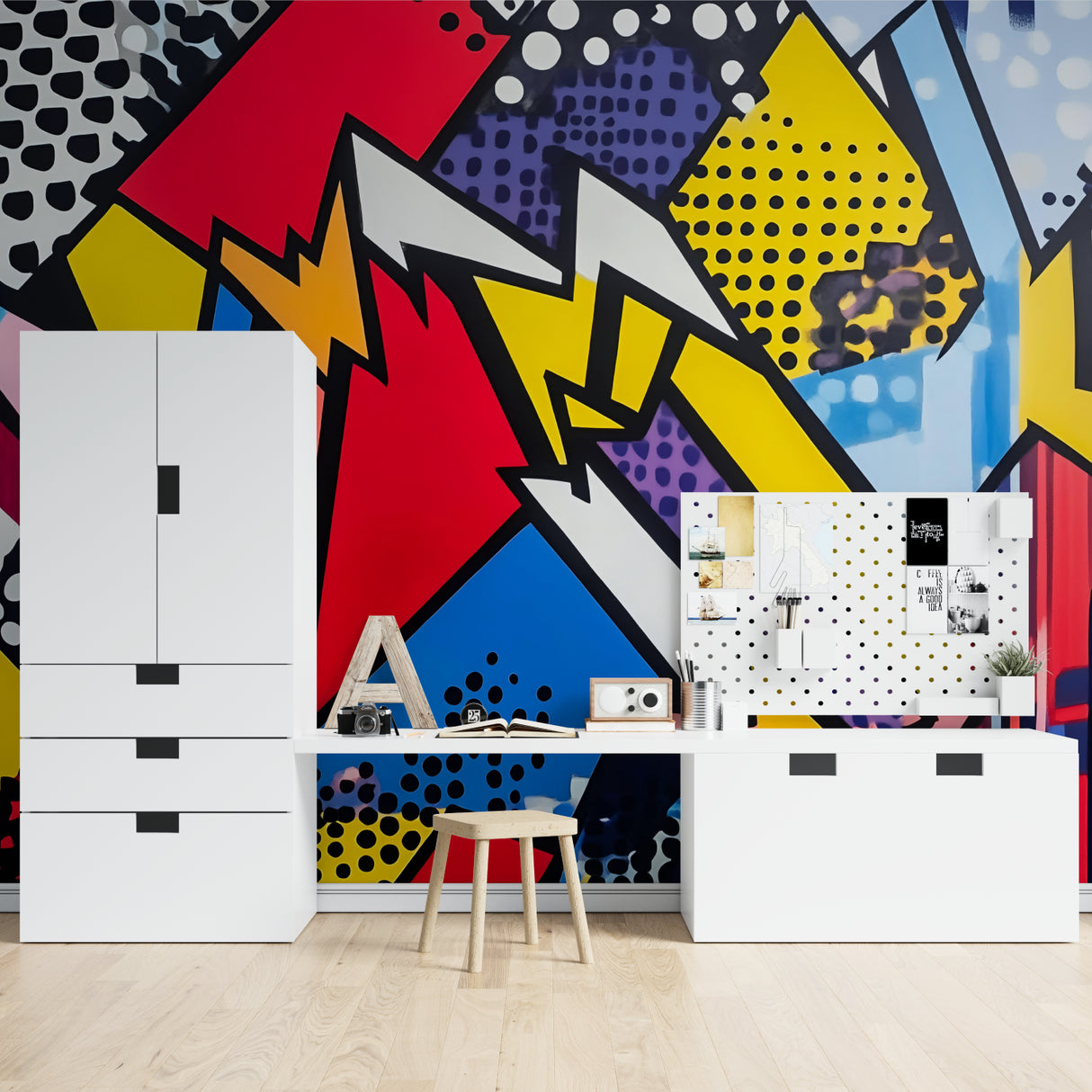 Geometric city mural bringing modern flair to dining room wall