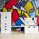 Geometric city mural bringing modern flair to dining room wall