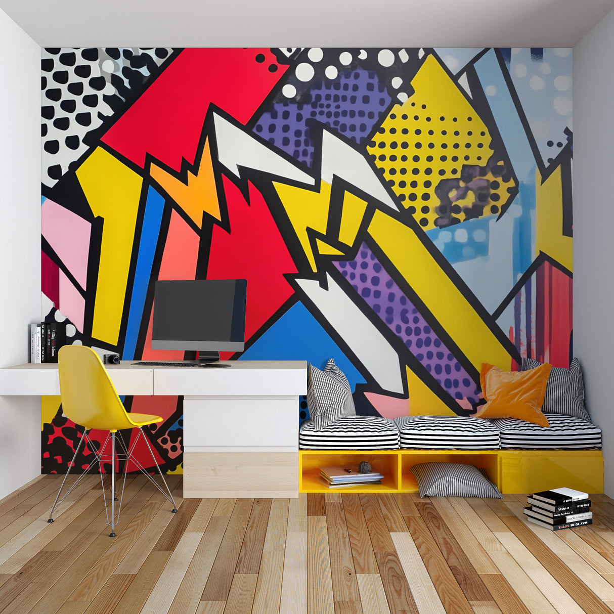 Urban wall mural in meeting room showing turquoise and orange skyline design