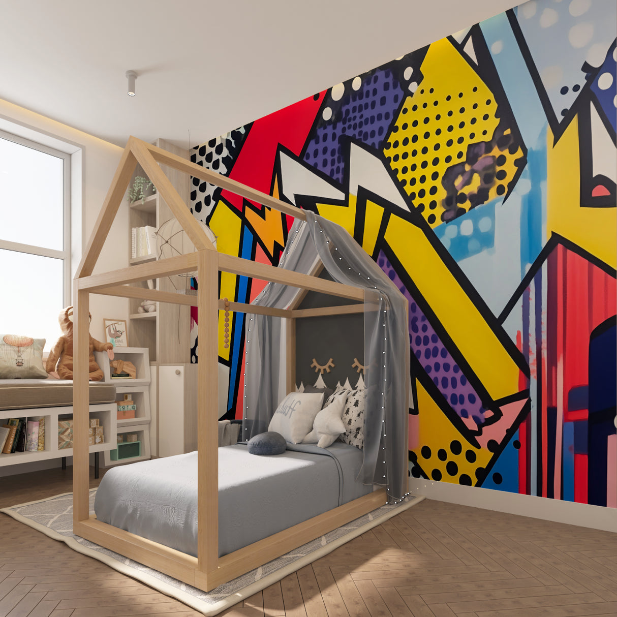 Modern hallway transformed with geometric city wallpaper pattern