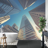 Urban skyline mural creating depth in contemporary living room setting