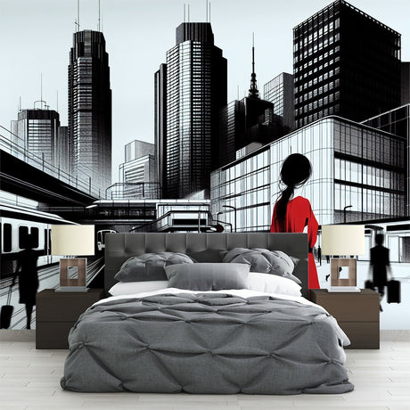Modern City Wallpaper with red accent displayed in a minimalist living room, creating depth and urban sophistication