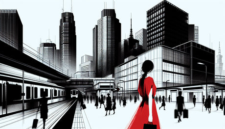 City Wallpaper design file showing detailed urban scene with striking red accent against monochrome background
