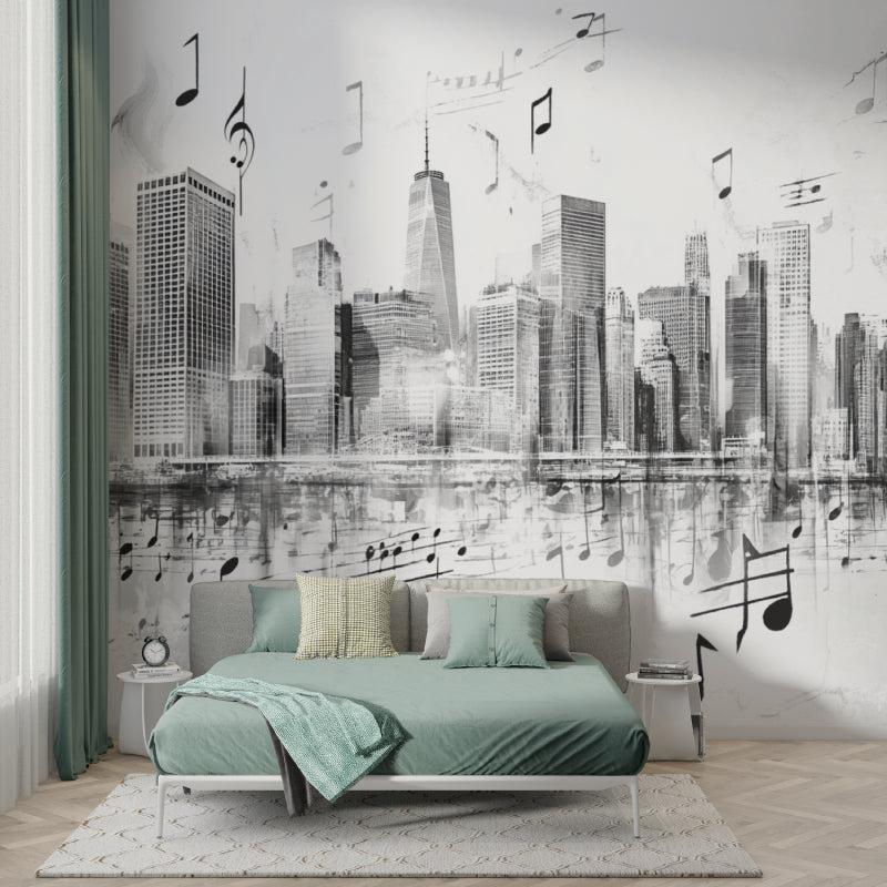 Modern city wallpaper with musical notes in a minimalist living room, creating an artistic urban atmosphere