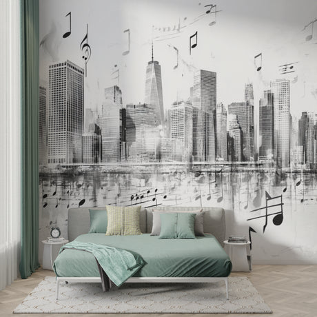 Modern city wallpaper with musical notes in a minimalist living room, creating an artistic urban atmosphere