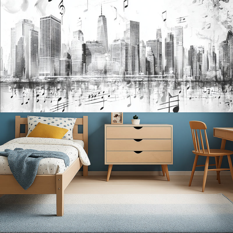 Musical skyline wallpaper bringing urban style to a contemporary music studio space