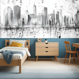 Musical skyline wallpaper bringing urban style to a contemporary music studio space