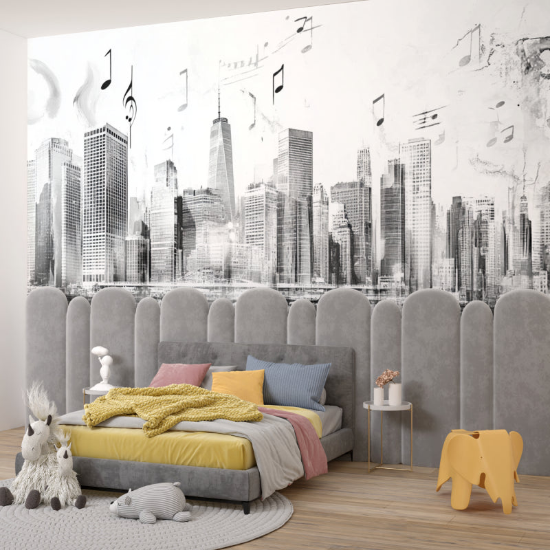 Black and white city mural with musical elements displayed in a modern dining room