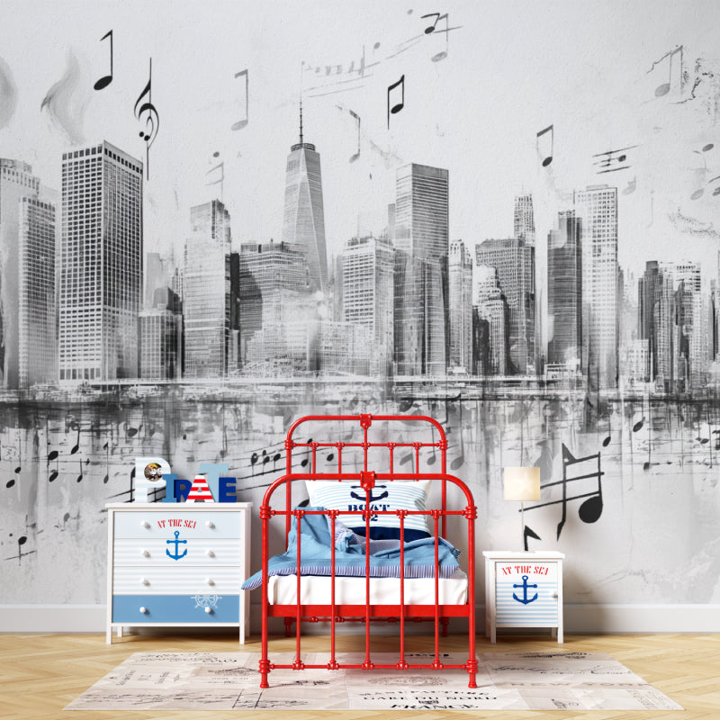 Urban music wallpaper featuring city skyline and notes in a teenage bedroom setup