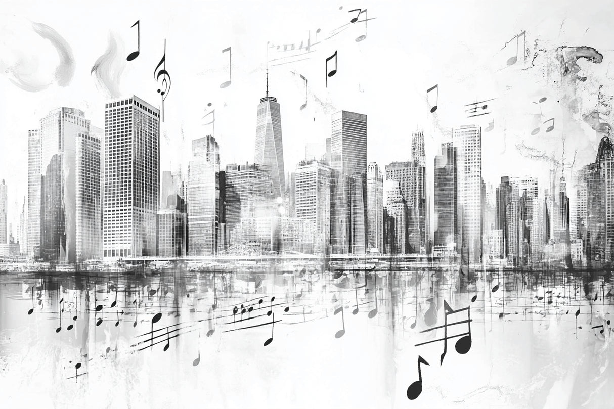Design file showing detailed musical notes and city skyline pattern in black and white