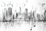 Design file showing detailed musical notes and city skyline pattern in black and white