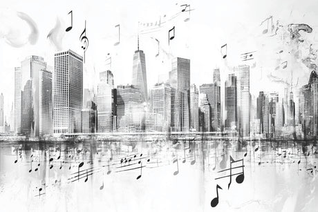 Design file showing detailed musical notes and city skyline pattern in black and white