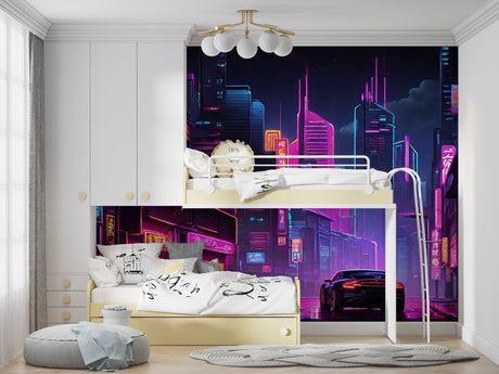 Neon cyberpunk city wallpaper in modern gaming room with LED accent lighting