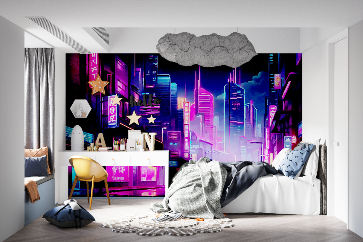 Night city mural creating cozy atmosphere in home office space