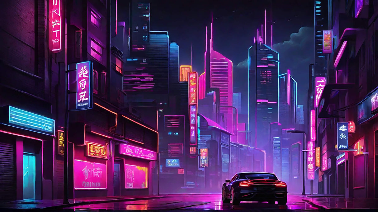 Design file showing detailed neon Japanese street pattern with vibrant cyberpunk elements