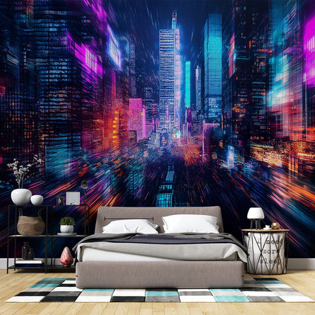 Modern office space with Neon Cyberpunk Night Skyline mural creating dramatic lighting effects and urban atmosphere