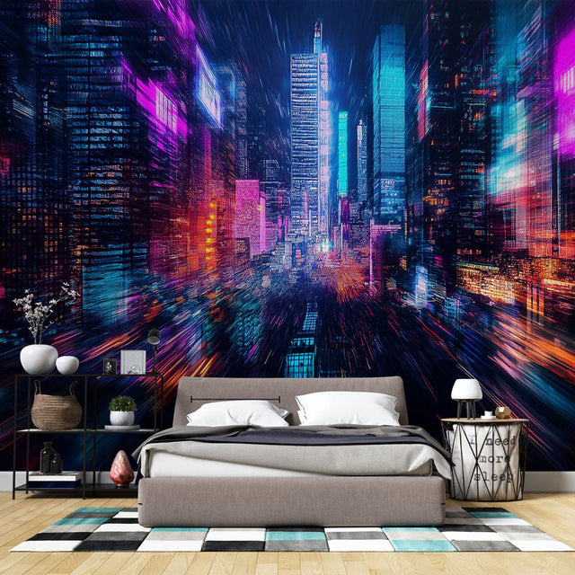 Modern office space with Neon Cyberpunk Night Skyline mural creating dramatic lighting effects and urban atmosphere