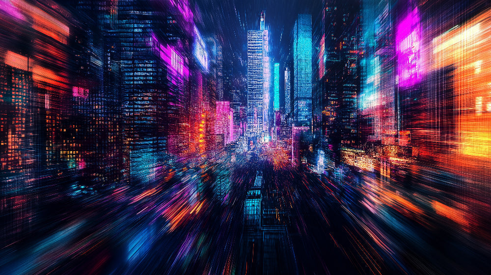 Neon Cyberpunk Night Skyline design file showing detailed city lights and vibrant color palette