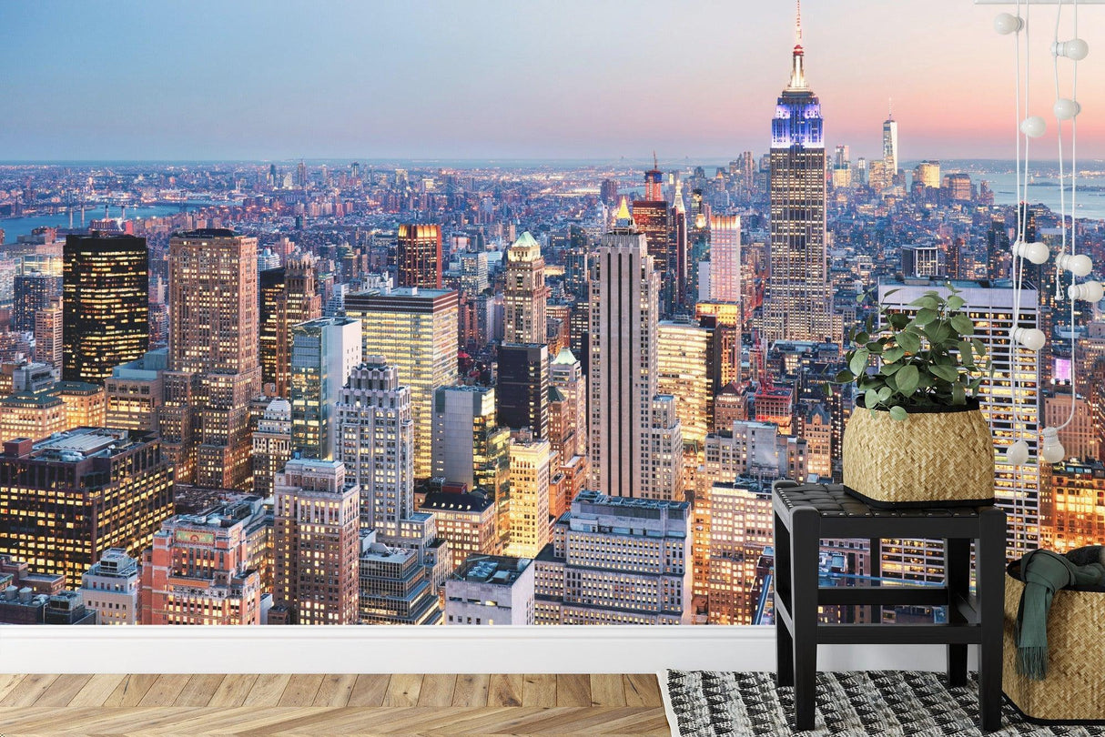 Manhattan sunset mural wallpaper transforms home office with panoramic city views