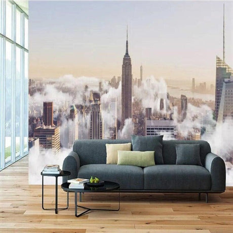 New York skyline wallpaper creating a stunning focal point in a minimal modern living room with clean furniture lines