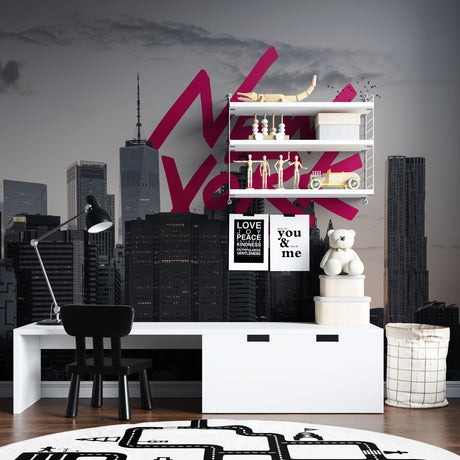 New York skyline wallpaper with pink graffiti creating a bold statement in a modern living room