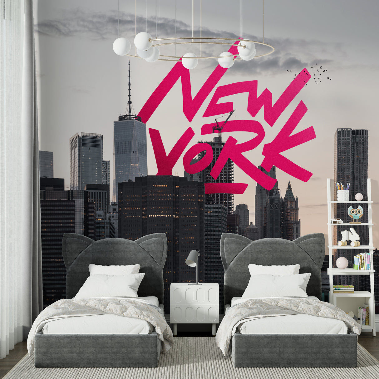 City mural wallpaper bringing street art style to a home office space