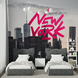 City mural wallpaper bringing street art style to a home office space