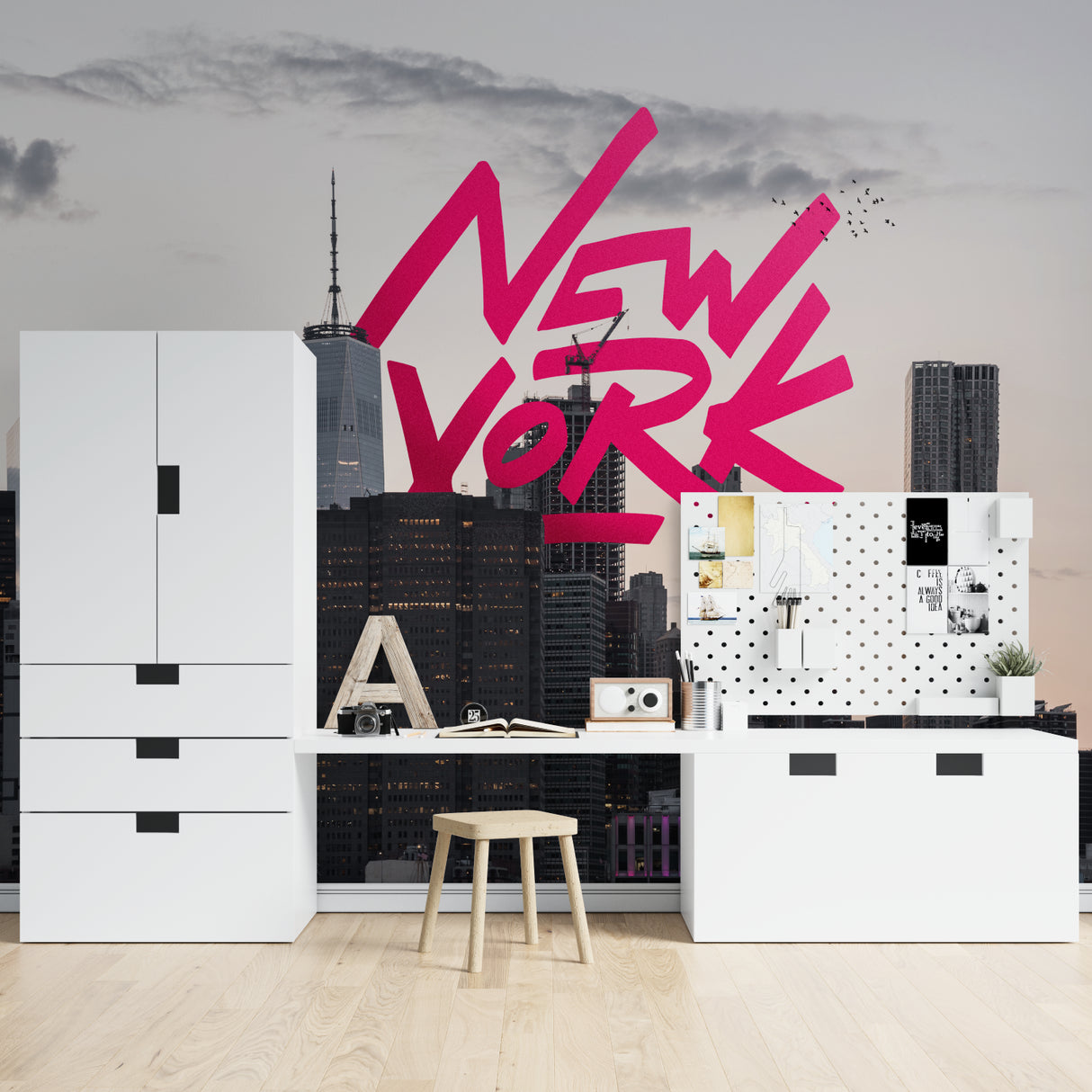 Pink graffiti wallpaper adding urban edge to a dining room wall